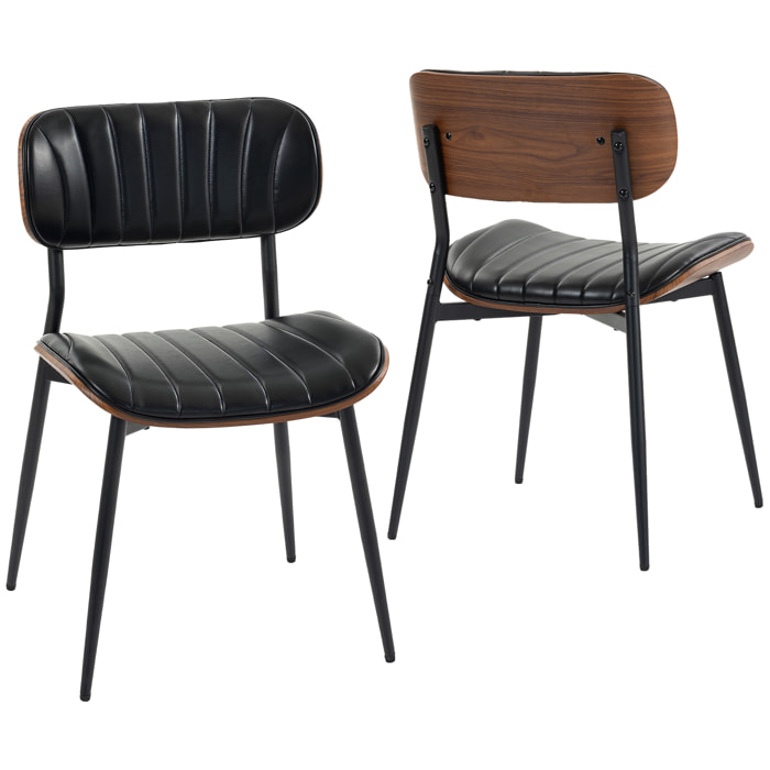 Pack de 2 Sillas de Comedor, Sillas de Cocina Modernas, Tapizadas de Cuero Sintético, Respaldo Curvo, Asiento Acolchado, Estructura de Madera Curvada y Patas Metálicas, Negro y Marrón