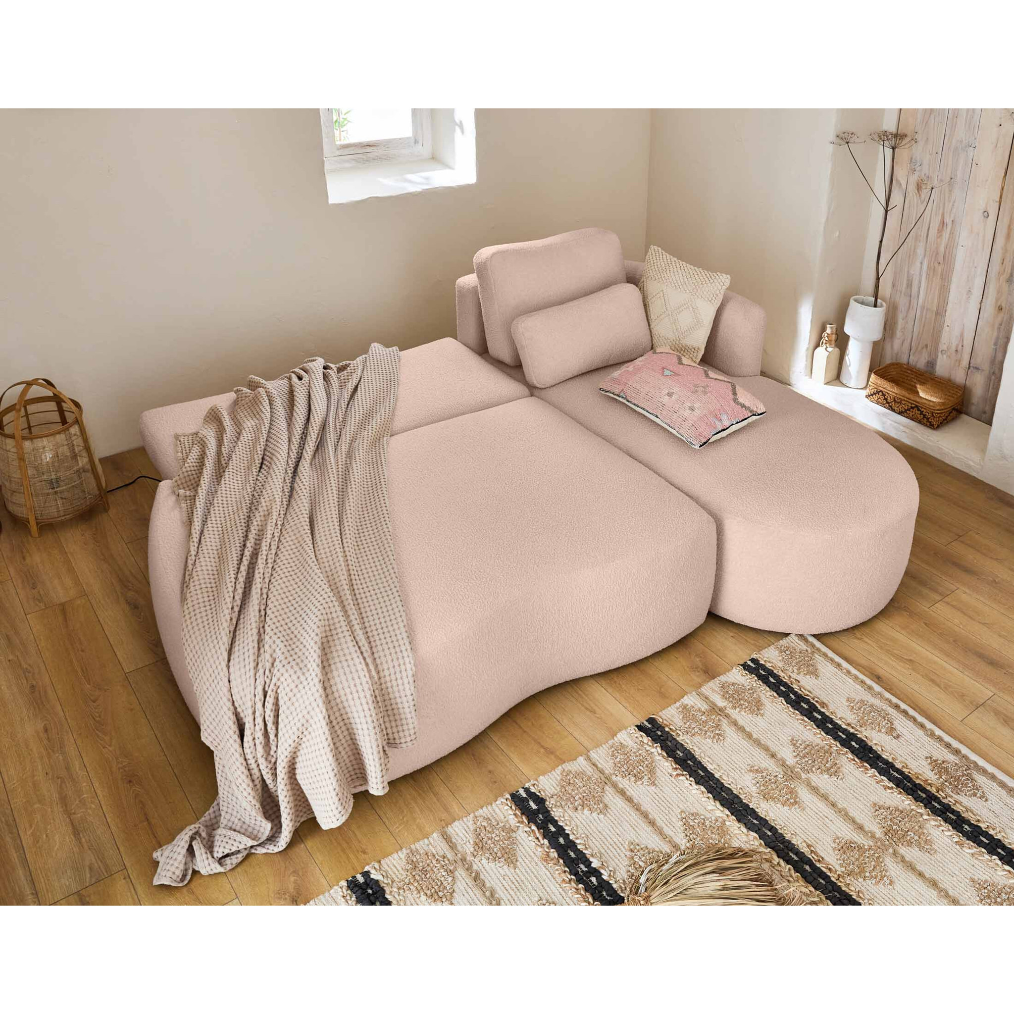 Mahina - canapé d'angle droit - 4 places - convertible avec coffre - en tissu bouclette - Rose