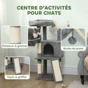 Arbre à chat multi-équipé niche hamac plateforme 3 boules griffoirs grattoir gris