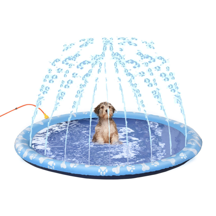 Piscine tapis à jet d'eau pour chien - Ø 1,5 m - pliable, facile à transporter - PVC bleu motifs os pattes