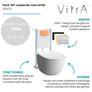 Pack WC suspendu Sento blanc + bâti autoportant V-Fix Core + Plaque Round chromé