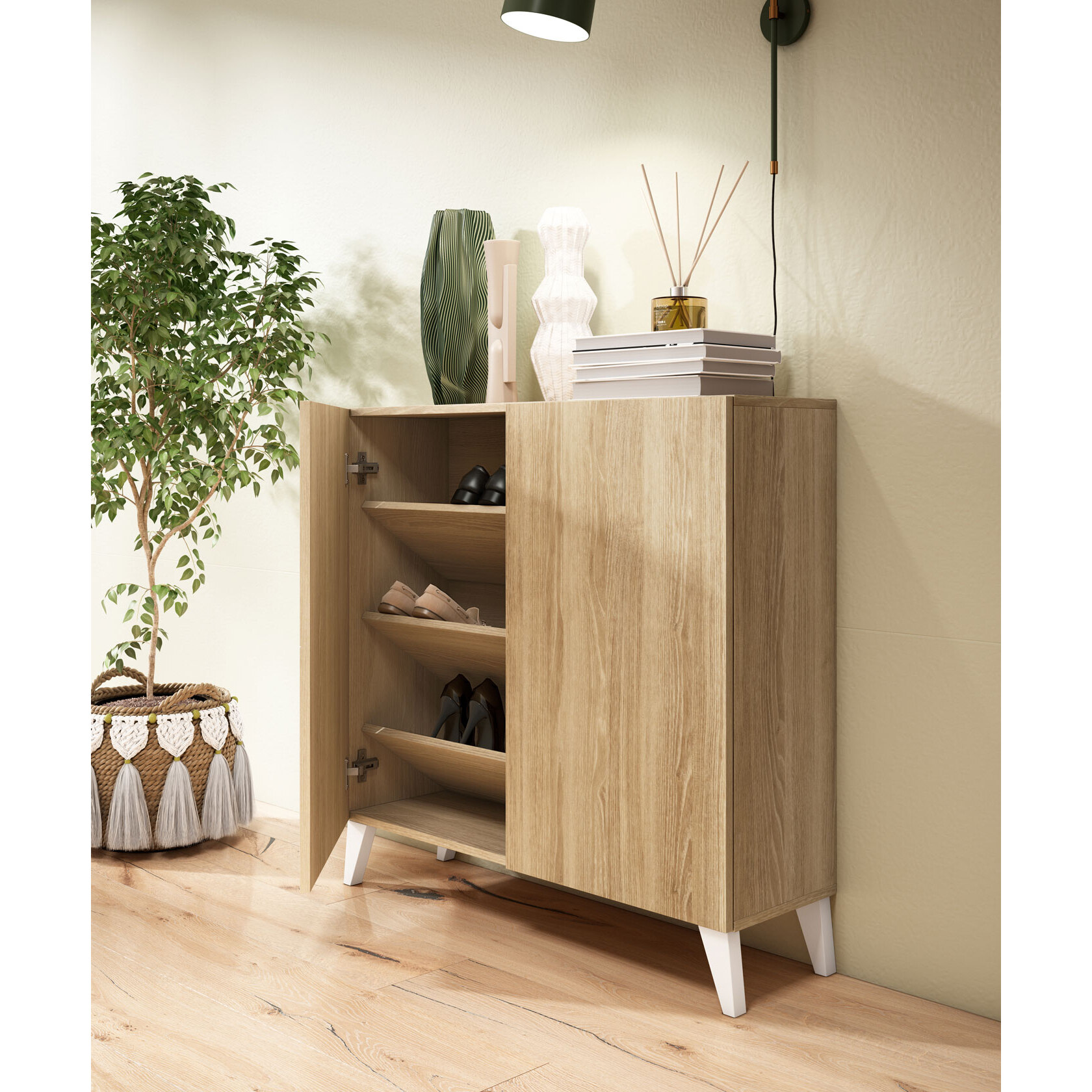 Zapatero Bergen melamina roble patas blanco 87x90x27 cm