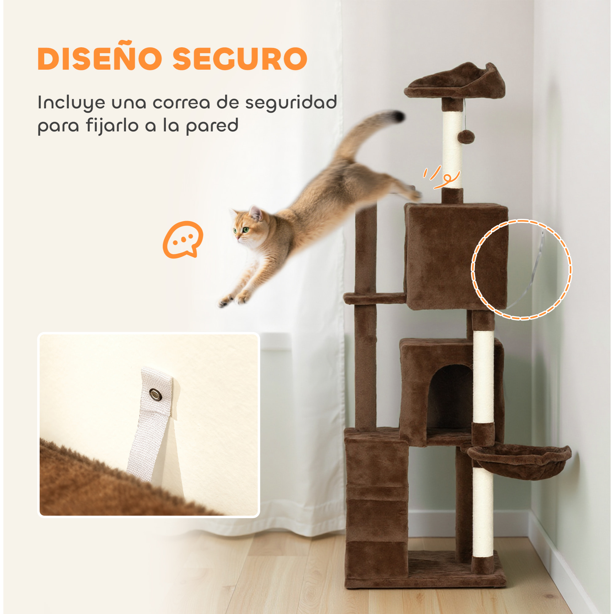 Árbol Rascador para Gatos, Árbol para Gatos 160 cm, Torre Escalador con Múltiples Plataformas, Cama, 2 Cuevas, Hamaca, Escalera, Postes de Sisal, Bolas para Jugar, Marrón