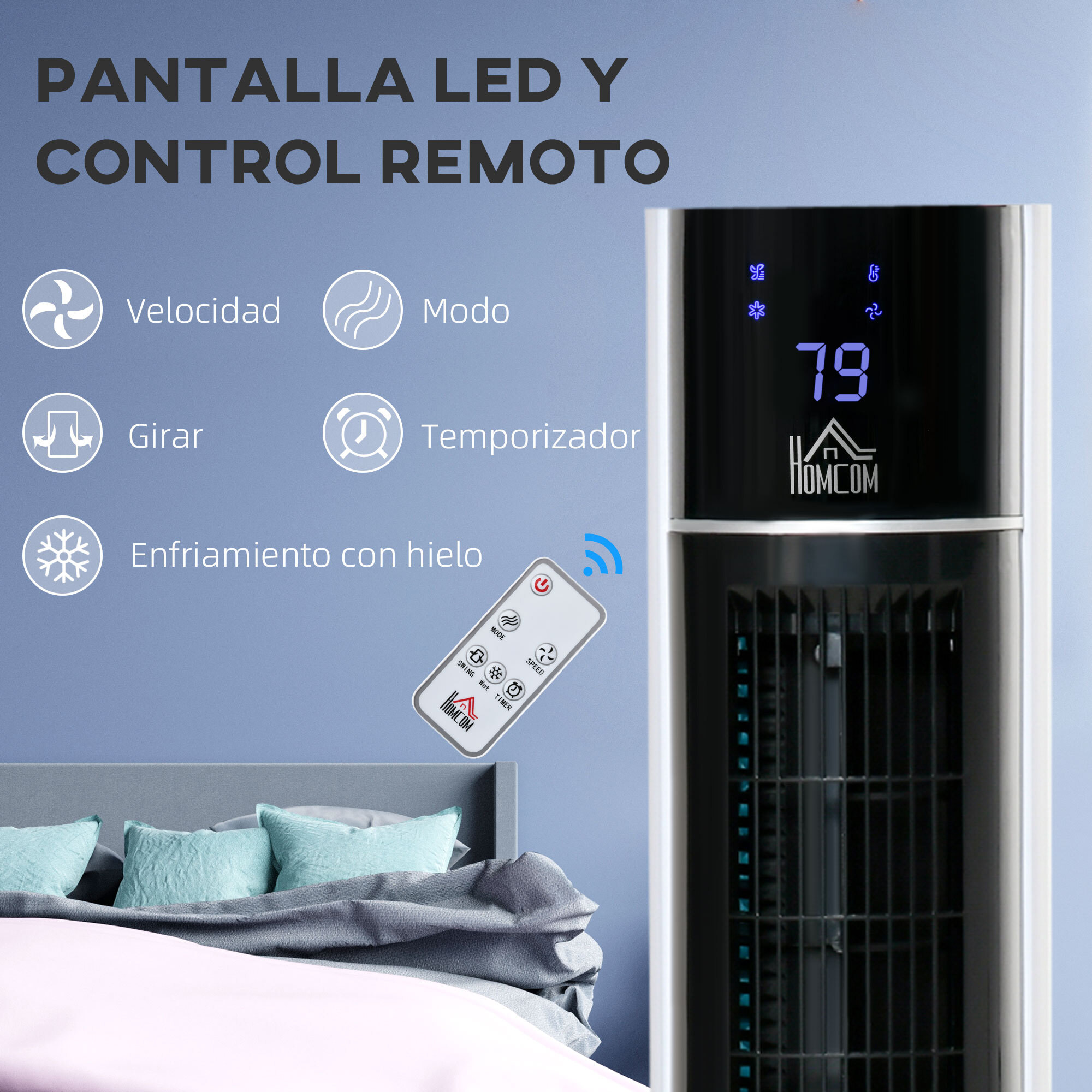 HOMCOM Enfriador de Aire 3 en1 Oscilante Humificador con Control Remoto Pantalla LED 3 Velocidades 3 Modos y Temporizador 12h Ventilador de Torre sin Aspas 33x26x105 cm Blanco y Negro