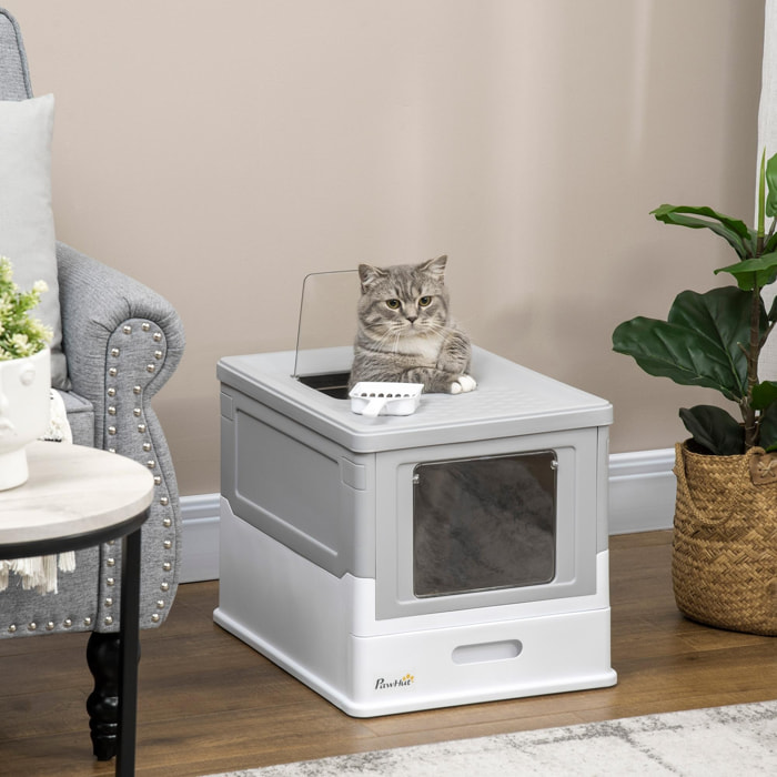 Maison de toilette pliable pour chat - tiroir à litière coulissant, porte battante et trappe transparente, pelle - blanc gris