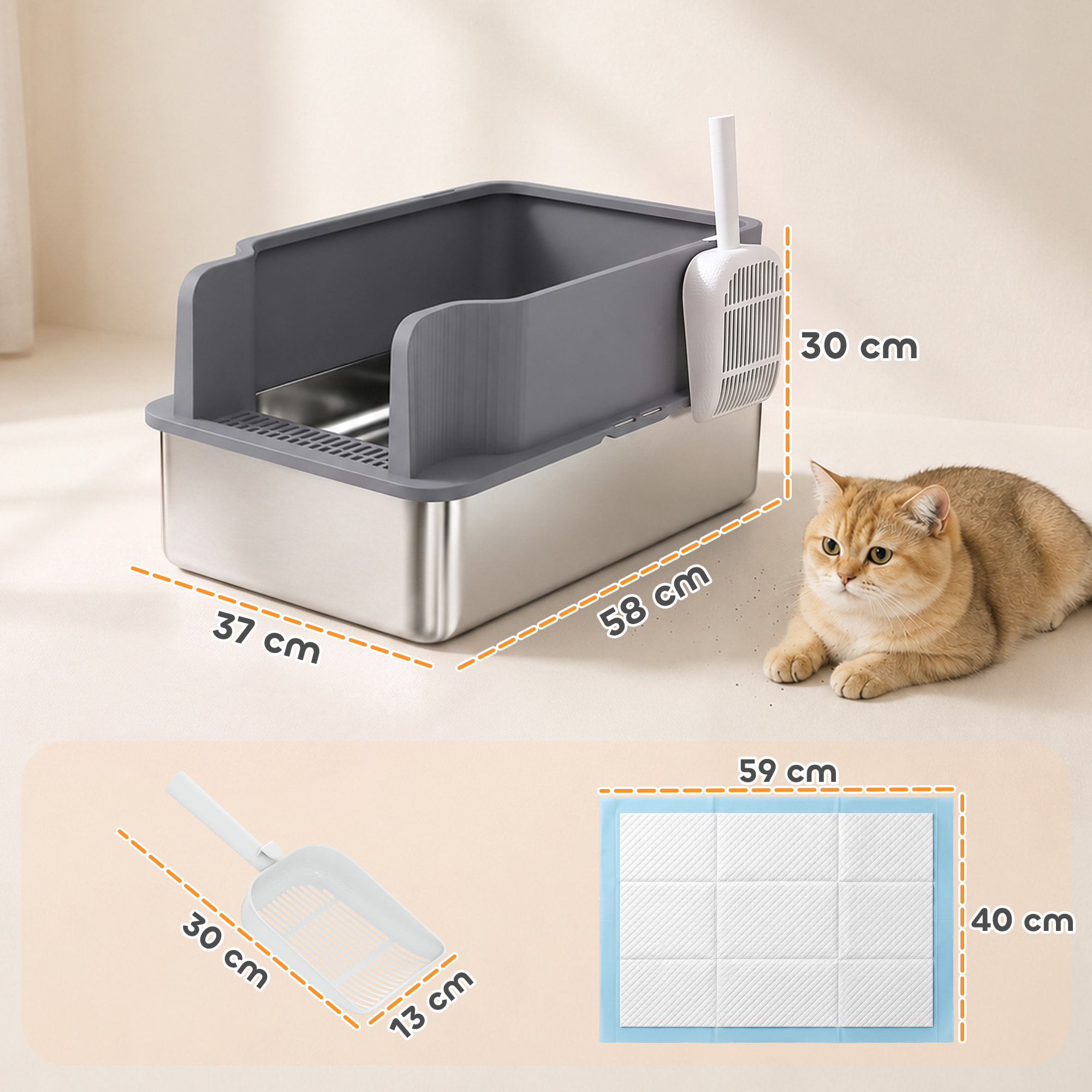 Arenero para Gatos de Acero Inoxidable L con Bandeja de Tamizado, Caja de Arena, Borde Alto, Pala, 10 Empapadores, Pellets de Pino +6 mm, Fácil de Limpiar, Antifugas, Antiadherente, Gris Oscuro