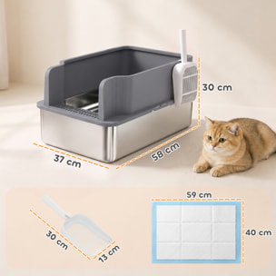 Arenero para Gatos de Acero Inoxidable L con Bandeja de Tamizado, Caja de Arena, Borde Alto, Pala, 10 Empapadores, Pellets de Pino +6 mm, Fácil de Limpiar, Antifugas, Antiadherente, Gris Oscuro