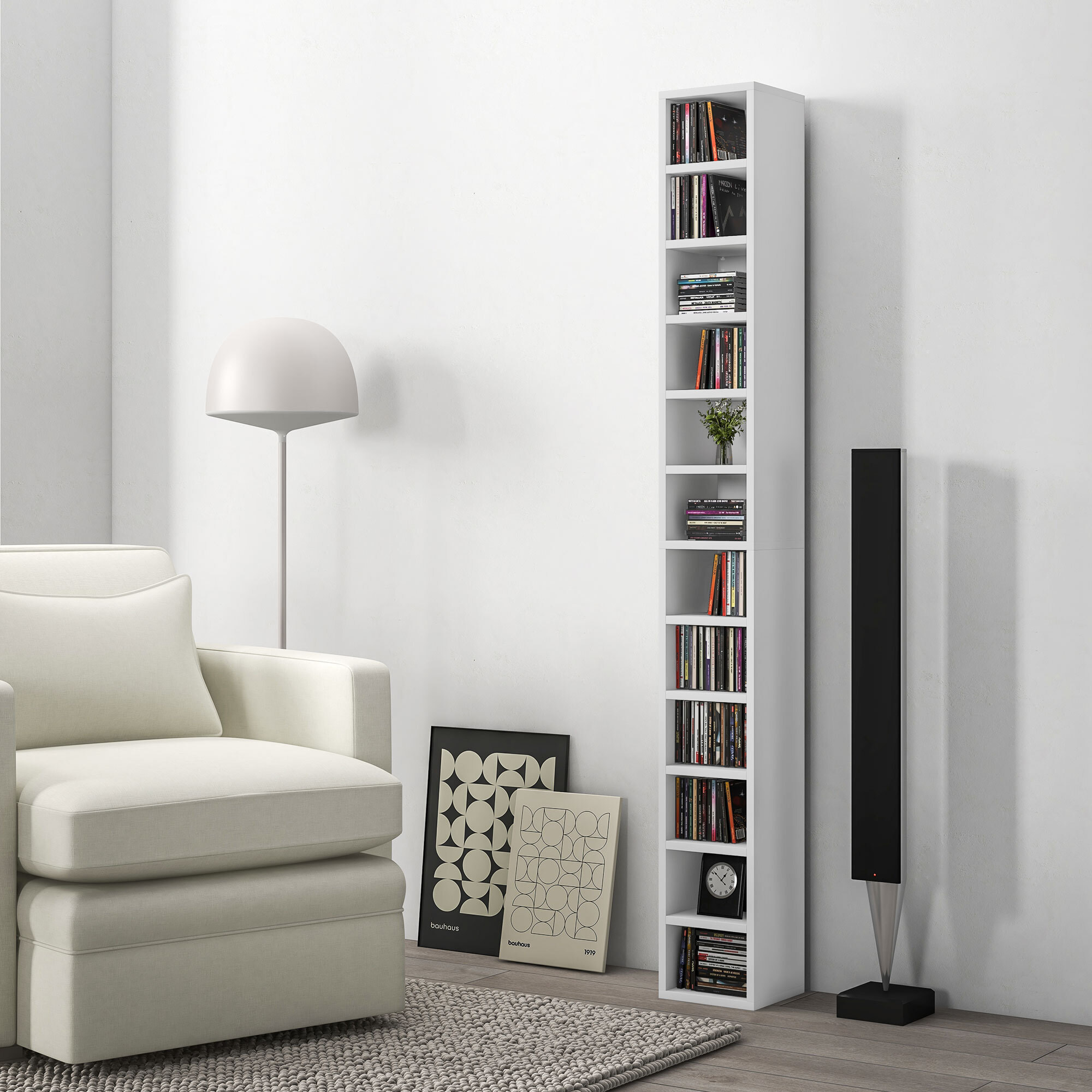 Étagère colonne armoire de rangement CD 12 compartiments 21L x 20l x 175H cm capacité max. 204 CD coloris blanc