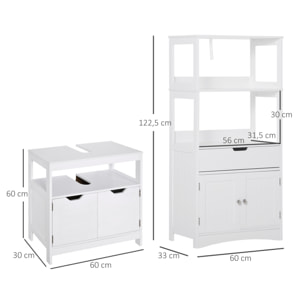 Conjunto de Baño Juego de Armario de Baño con Cajón 3 Estantes y Mueble para Debajo del Lavabo con 2 Puertas Antivuelco 60x33x122,5 cm 60x30x60 cm Blanco