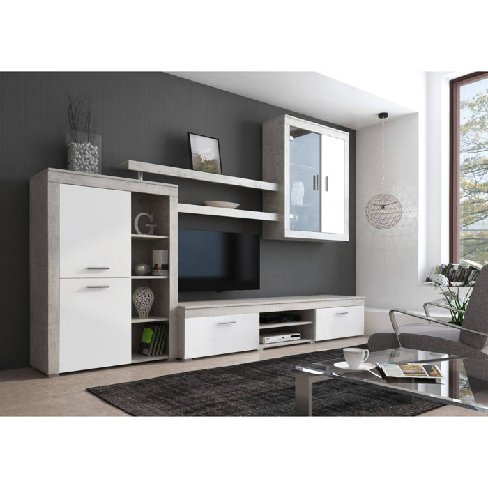 Parete attrezzata da soggiorno, Mobile porta TV, scaffali e vetrinetta, Salotto moderno completo, Made in Italy, cm 293x50h144, colore Bianco e Cemento