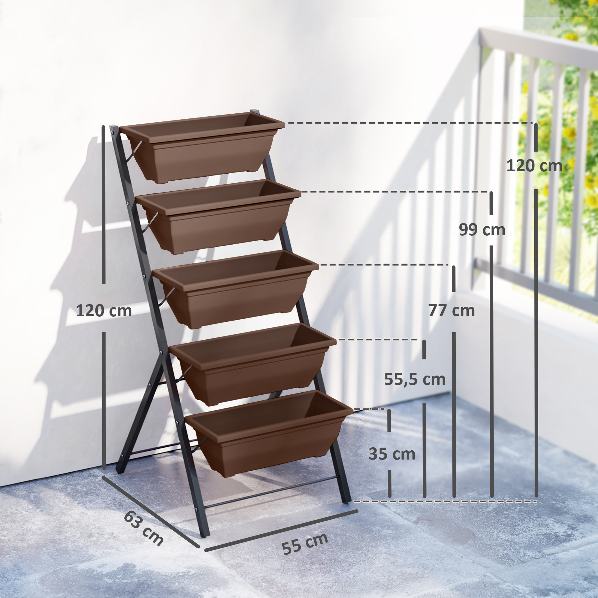 Soporte para Plantas de 5 Niveles con 5 Macetas, Estantería para Plantas para Esquina, Orificios de Drenaje, Diseño en Escalera, Soporte para Macetas, Interior y Exterior, 55x63x120 cm, Negro