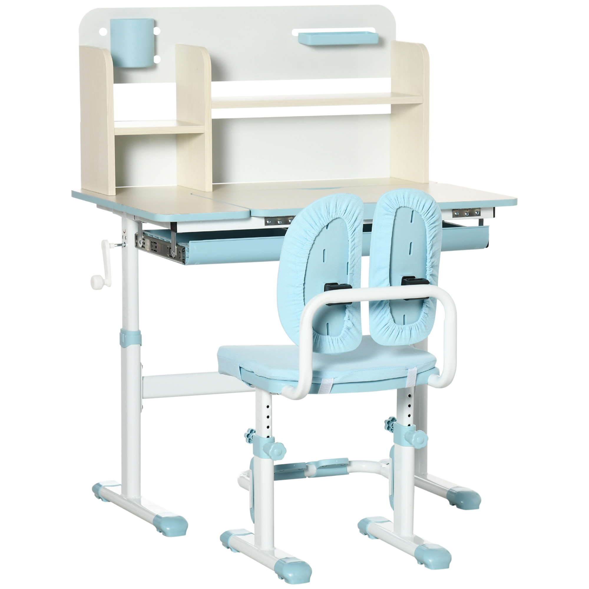 Ensemble bureau chaise enfant hauteur réglable plateau inclinable nombreux rangements blanc bleu effet bois clair