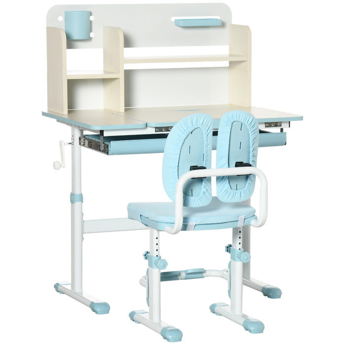 Ensemble bureau chaise enfant hauteur réglable plateau inclinable nombreux rangements blanc bleu effet bois clair