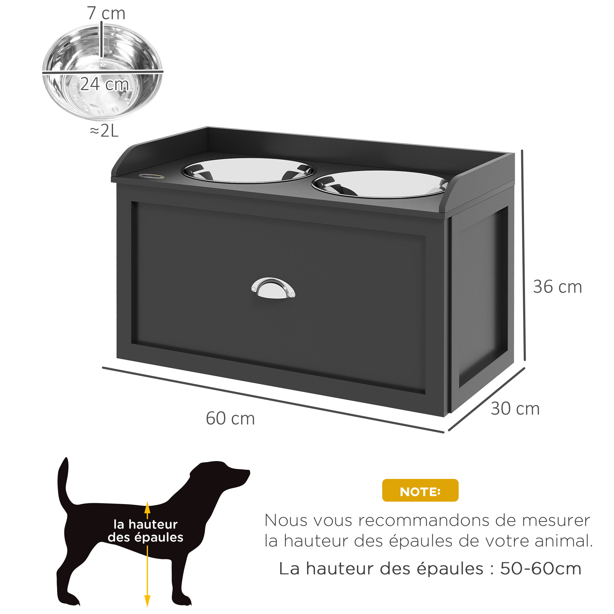 Gamelle double chien chat - porte-gamelles surélevé rangement 2 en 1 - tiroir, 2 gamelles - acier inox. MDF noir