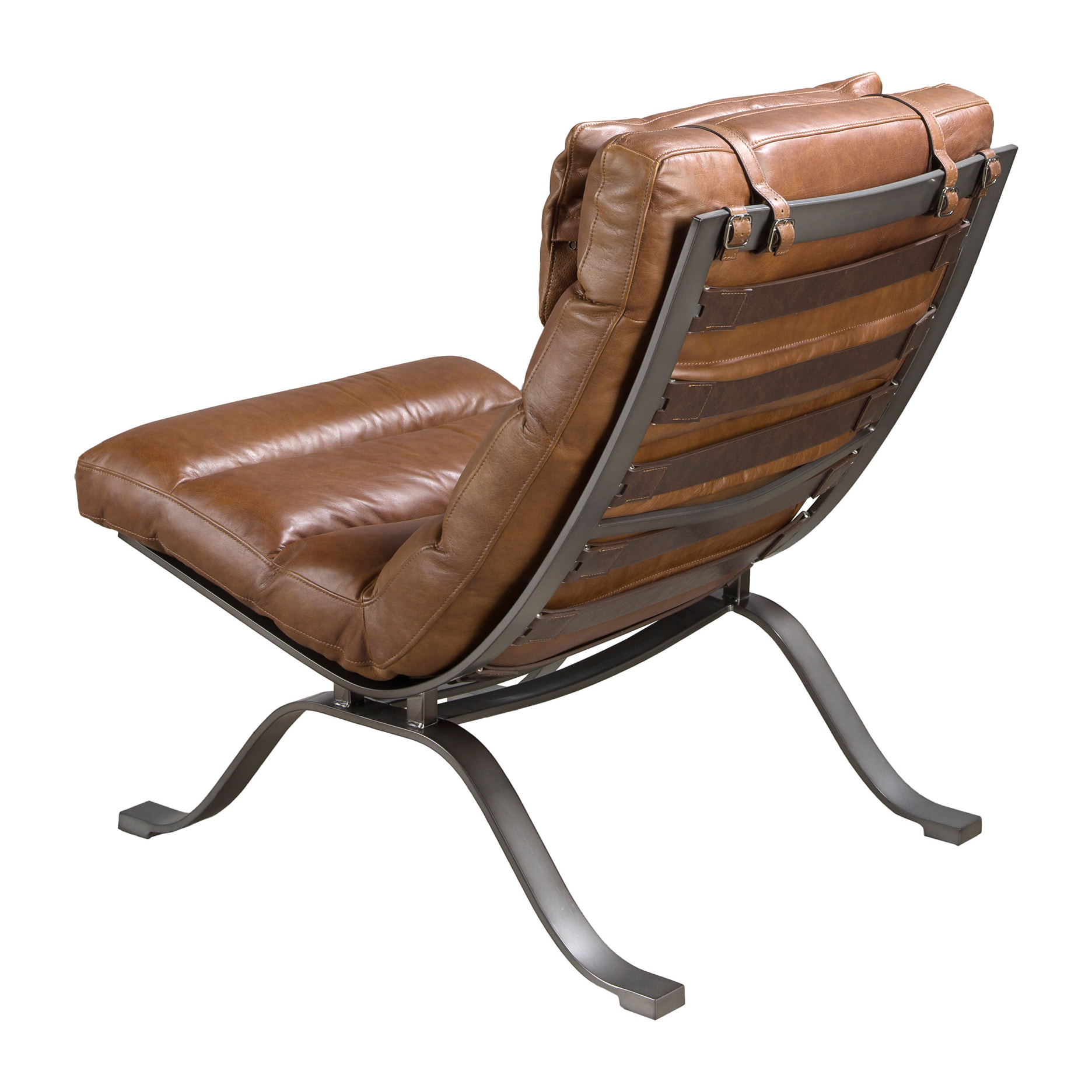 Sillón con asiento y respaldo tapizados en piel de origen vacuno marrón oscuro patas de acero inoxidable lacado efecto metalizado 66x96x90cm