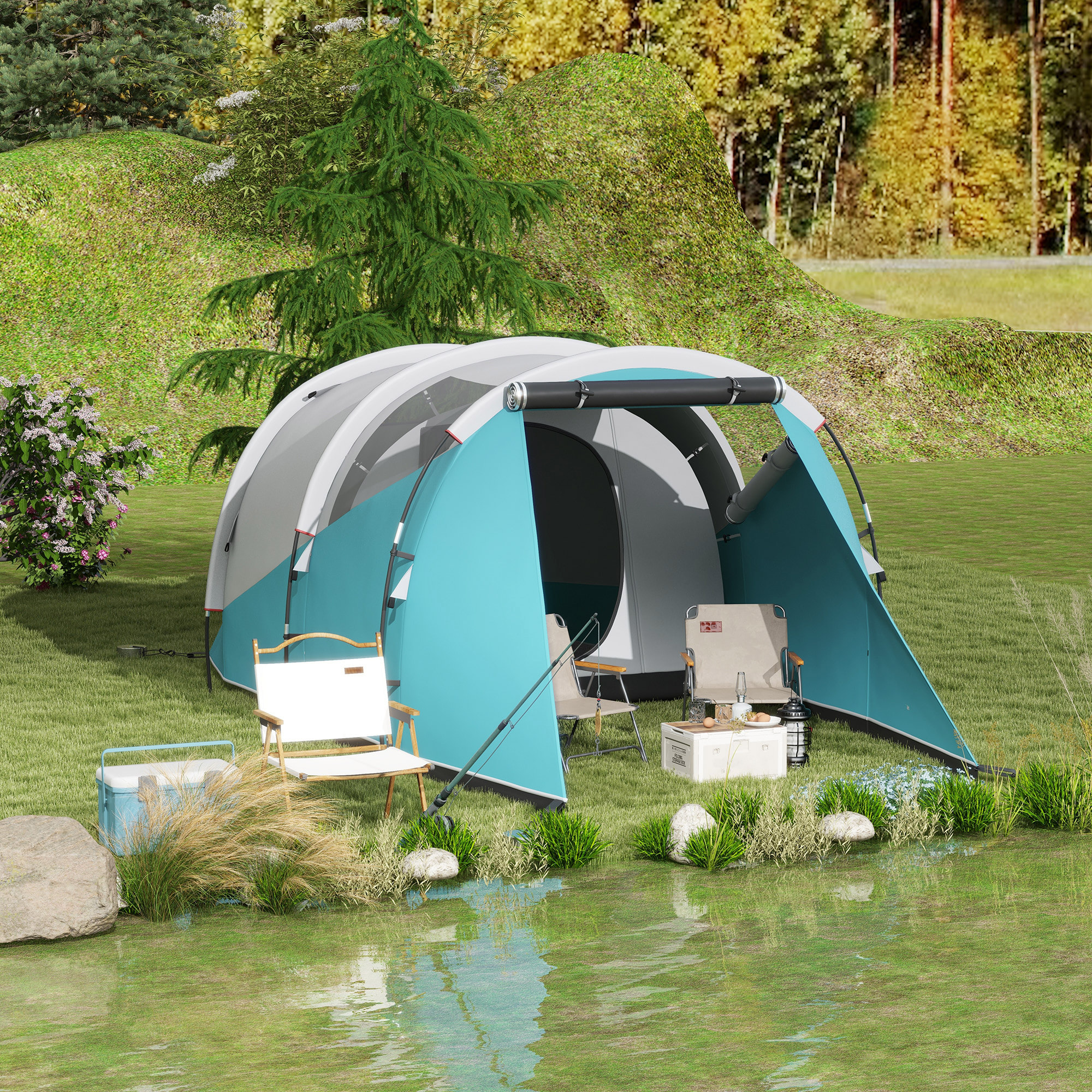 Tente de camping familiale 4-5 personnes - tente tunnel 2 portes fenêtres - dim. 4,6 x 2,6 x 1,9 m - bleu gris