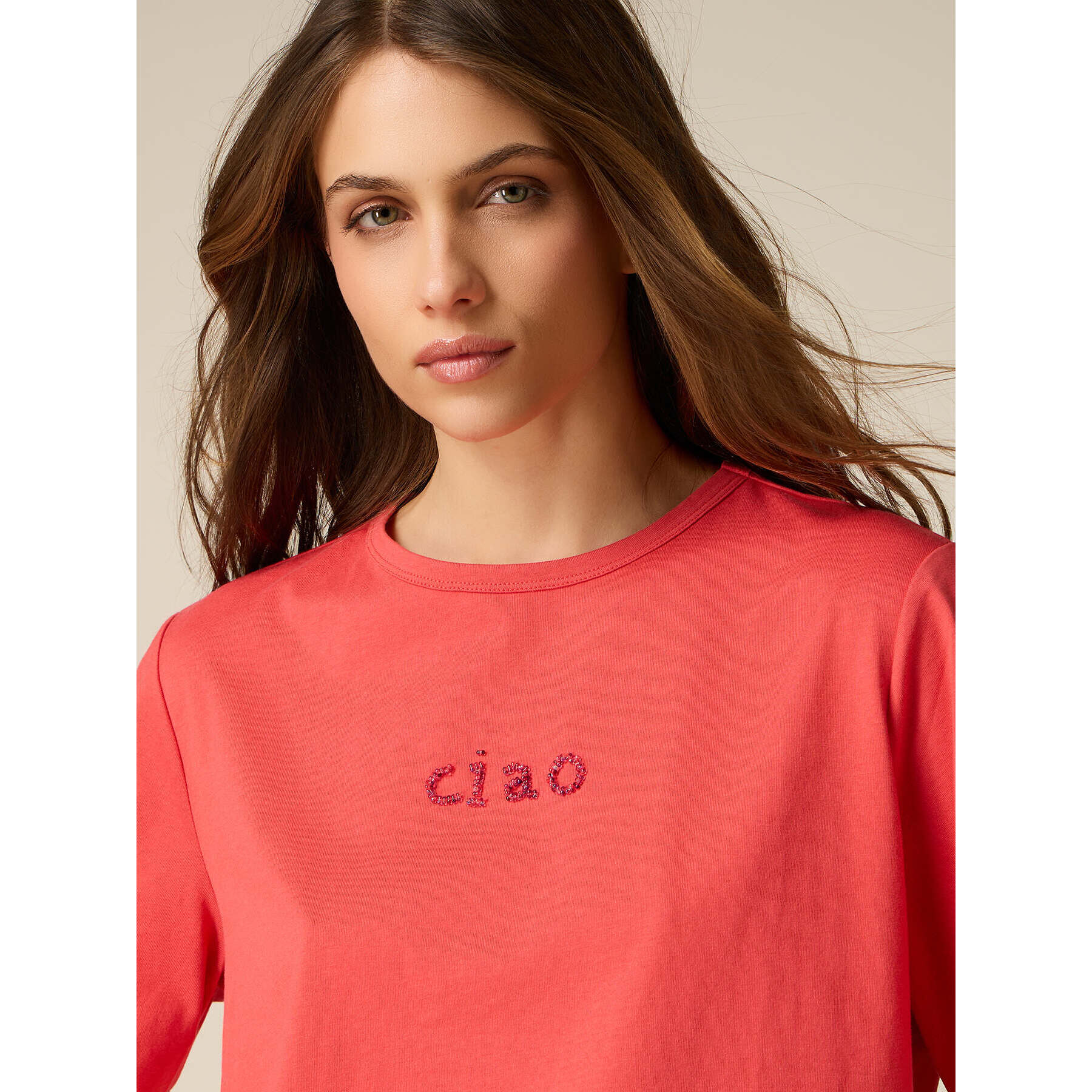 Oltre - T-shirt boxy in cotone con ricamo gioiello - Rosso