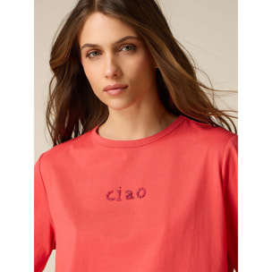 Oltre - T-shirt boxy in cotone con ricamo gioiello - Rosso