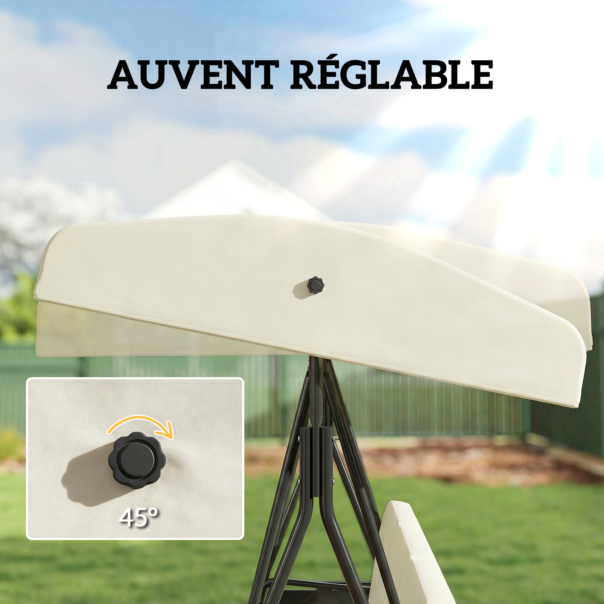 Balancelle de jardin 3 places grand confort - toit réglable, 2 tablettes latérales, coussins - acier polyester crème