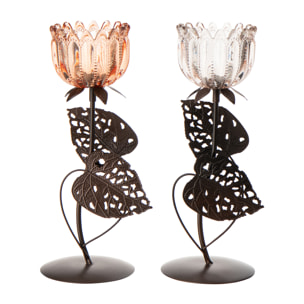 J-Line Photophore Fleur - métal/verre - rose clair/orange - medium - 2 pièces