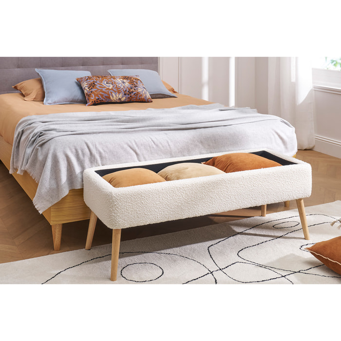 Banc coffre en tissu effet velours texturé terracotta et bois clair massif L120 cm LARS