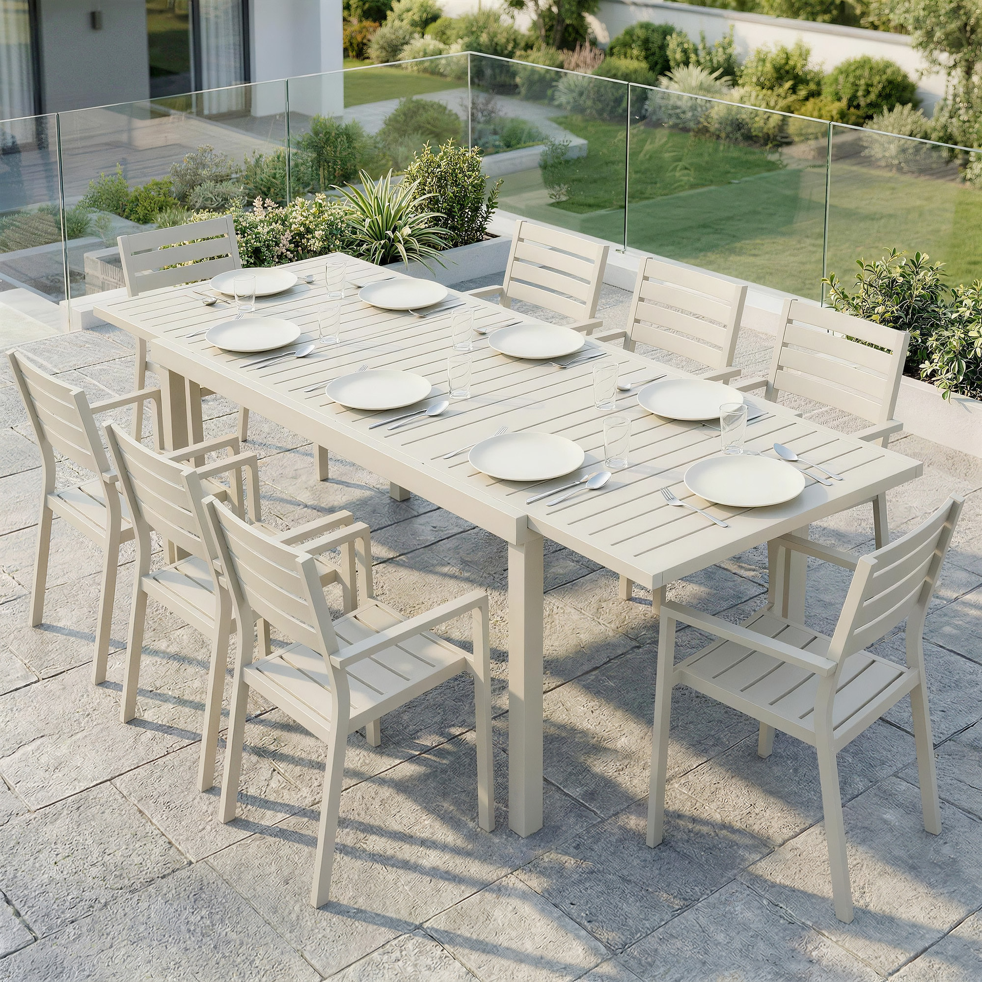 Mesa de Jardín Extensible 150/225x85x75 cm, Mesa de Comedor Exterior Extensible Rectangular de Aluminio, con Tablero de Listones para 6-8 Personas, para Patio, Terraza, Blanco