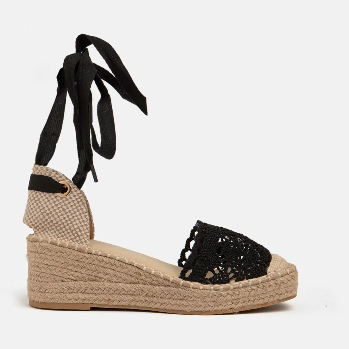 Zeppa a uncinetto con fondo in paglia - NERO