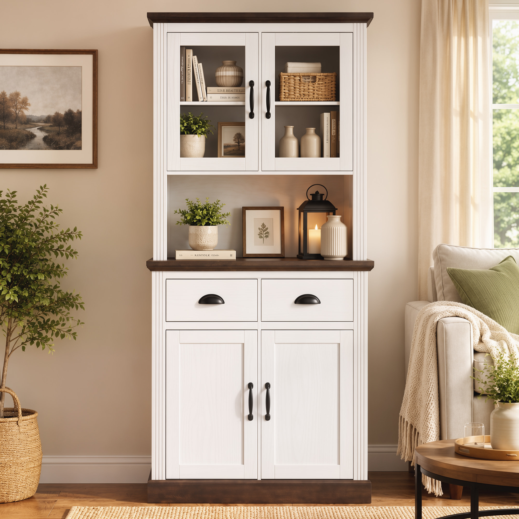 Alacena de Cocina Alta, Mueble Auxiliar de Cocina con Puertas de Cristal, 2 Cajones, Estantes Ajustables, Compartimento Abierto, para Comedor, Salón, 80x38x170 cm, Blanco y Marrón