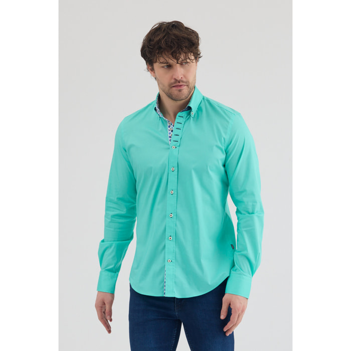 Camicia Uomo 1 Bottoni Button Down Slim Popeline Stretch Unito Verde Acqua