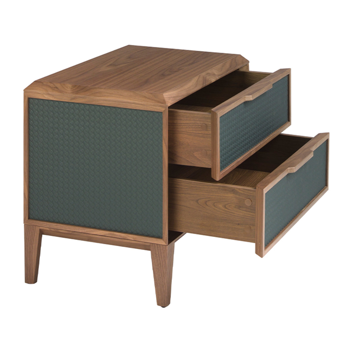 Mesita de noche Angel Cerdá con estructura de PVC en verde oscuro y patas de madera chapada en nogal natural 60x40x51cm