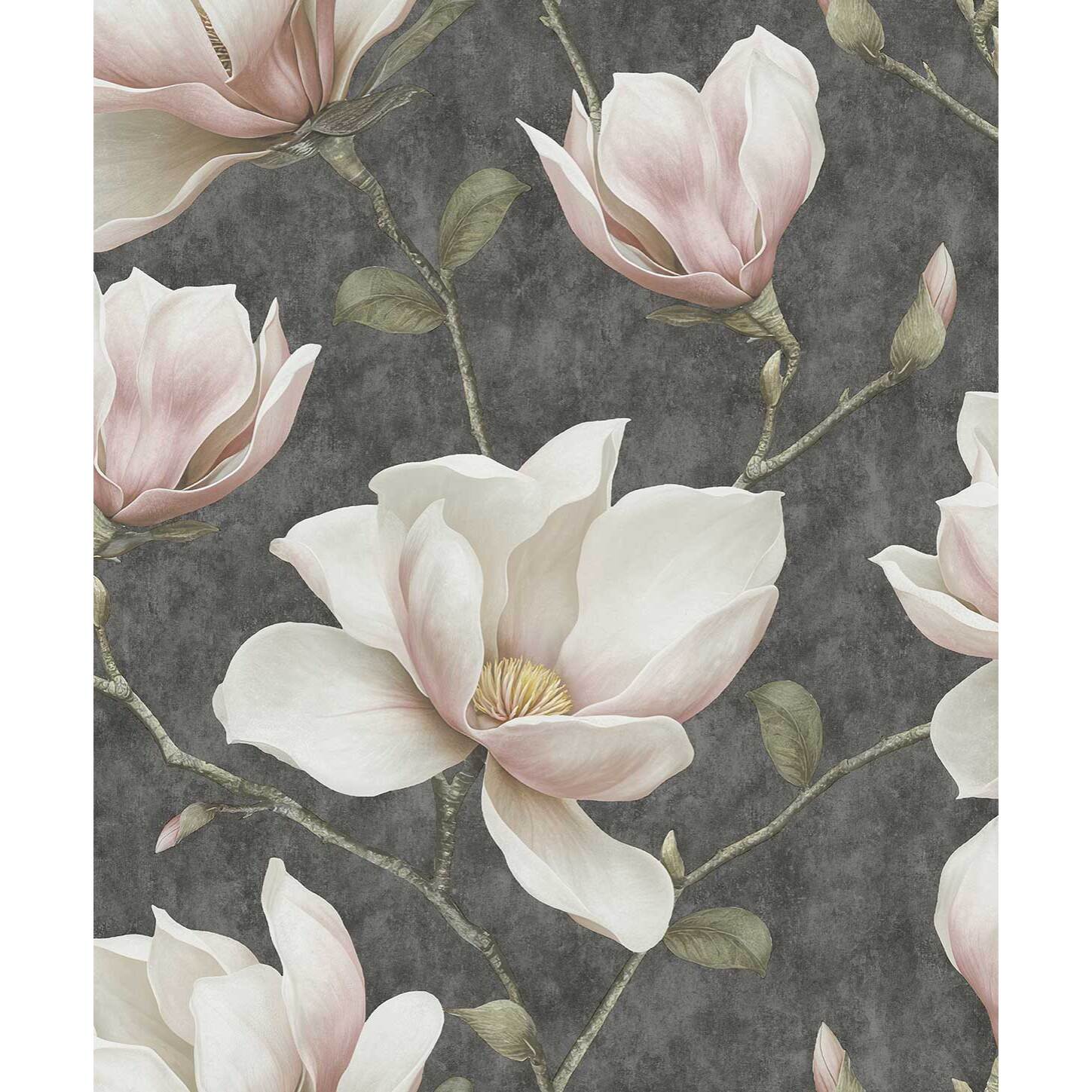 Papier peint magnolia blanc fond anthracite