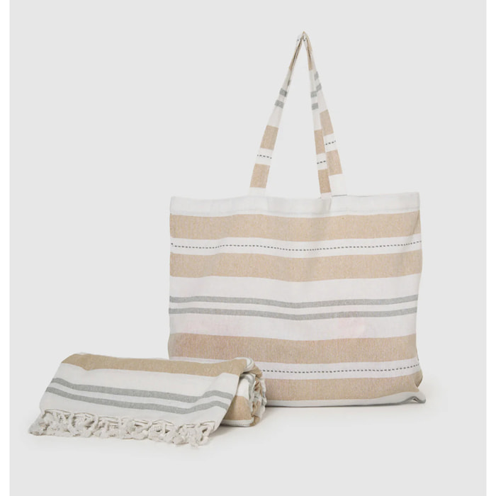 Pack bolso + toalla pareo algodón raya rivara ocre