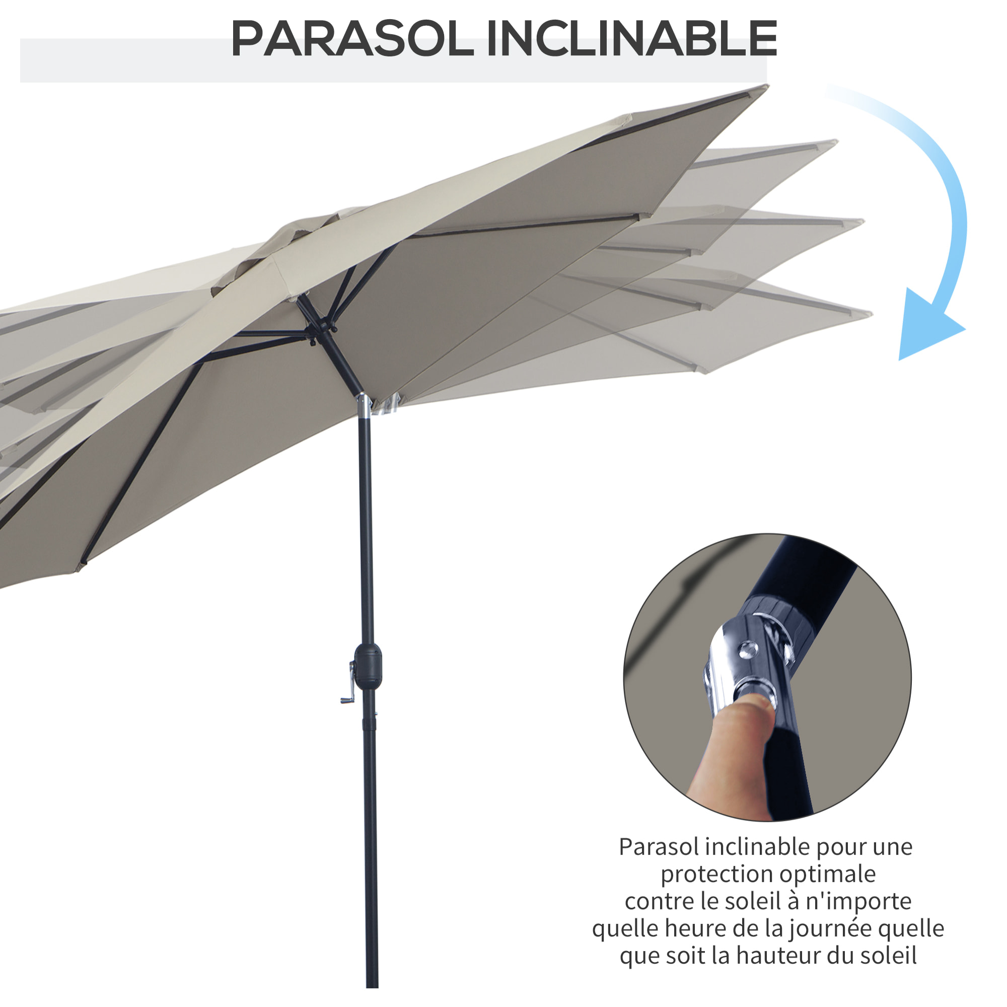 Parasol droit Ø3 m – Inclinable – Ouverture à manivelle