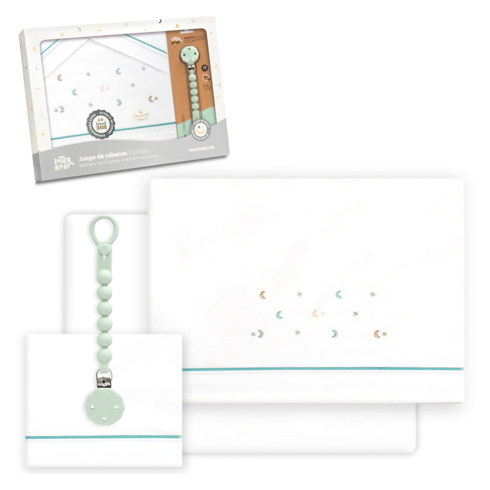 Triptico Cuna Estrella Luna Multicolor + Broche Bco/Verde