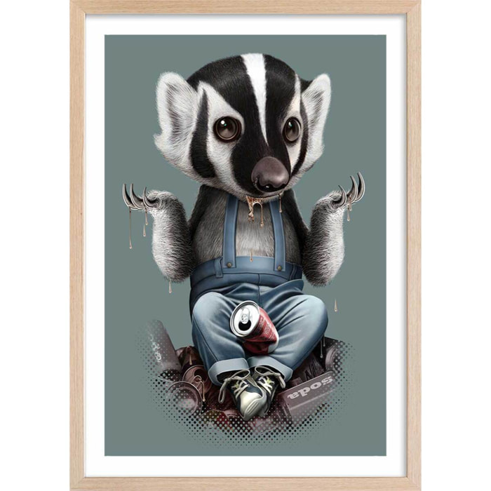 Affiche enfant frisson de blaireau  Affiche + cadre en bois - Chêne