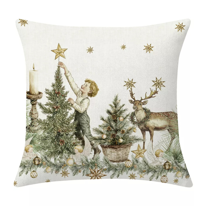 Housse de coussin lin & coton 165 g/m² imprimé jaune vert Noel vintage dore