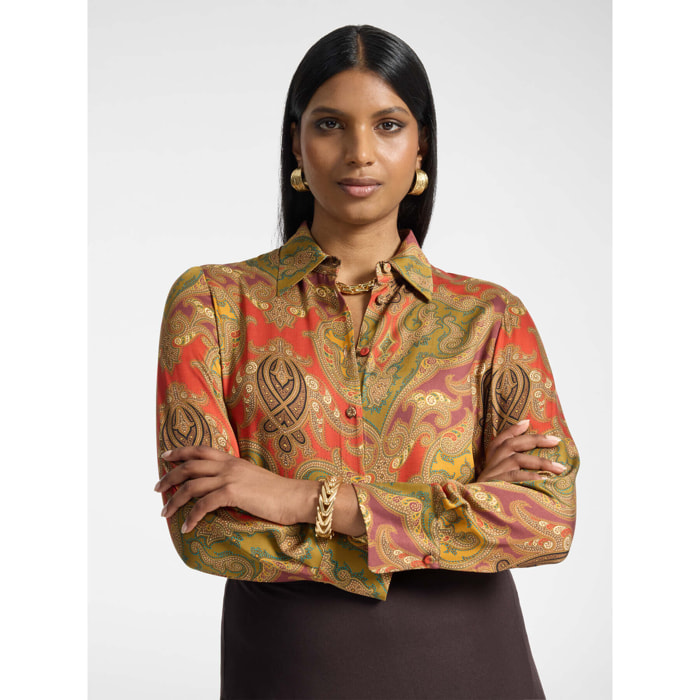 Elena Mirò - Camisa de raso estampada patchwork - Naranja sol