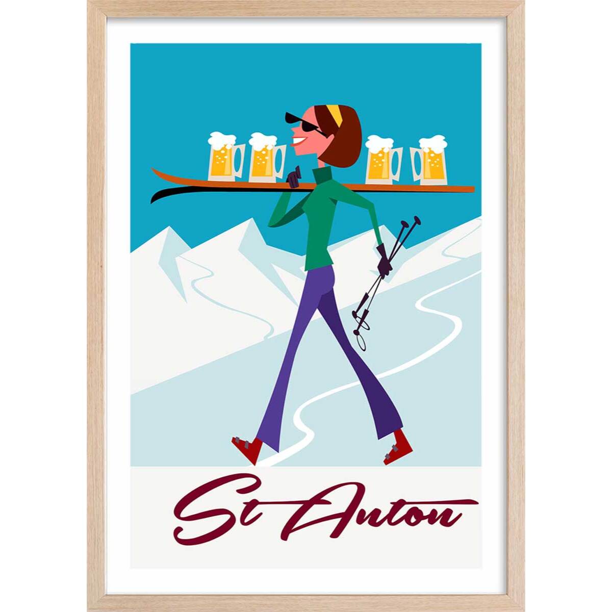 Poster retro chope à st anton Affiche + cadre en bois - Chêne