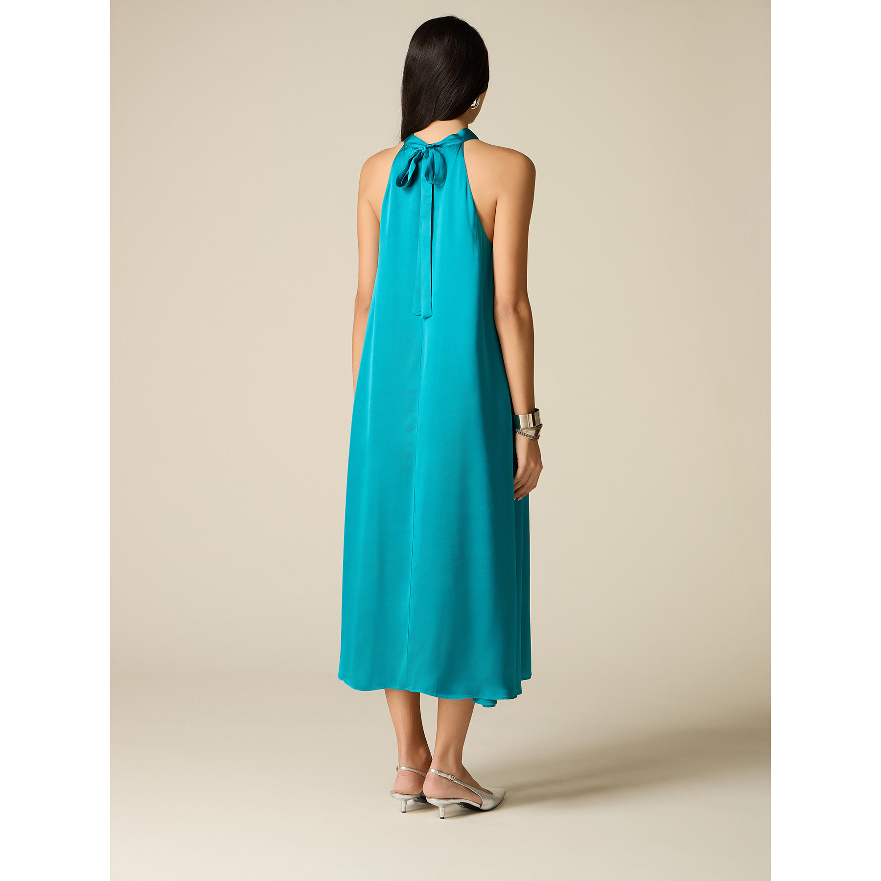 Oltre - Vestido largo línea A en raso - Petrol Blue