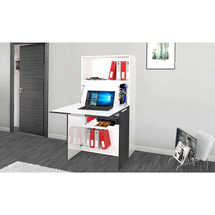 Scrivania Atroc, Mobile multiuso con scaffali e piano da lavoro, Tavolo multiuso per ufficio, Scrivania salvaspazio multi posizione, 100% Made in Italy, cm 70x35h140, Bianco e Ardesia