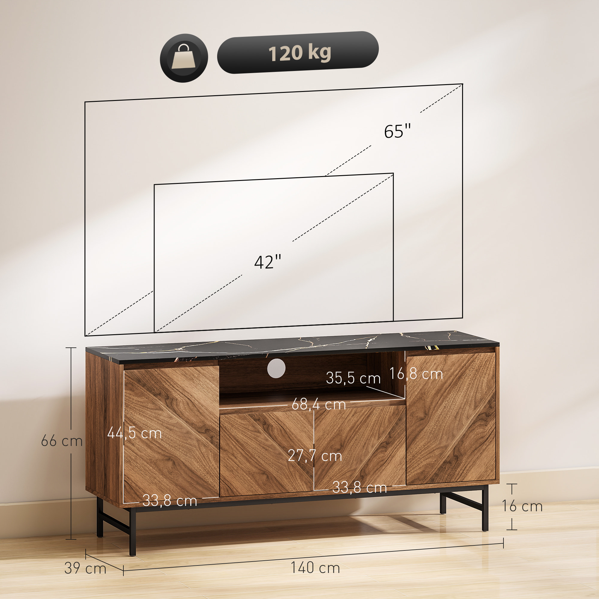 Meuble TV jusqu'à 65 pouces meuble télé aspect bois avec compartiment ouvert, portes, étagères réglables et passe-câbles, 140x39x66cm