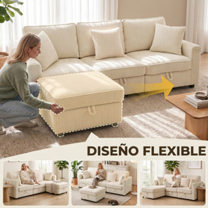 HOMCOM Sofá de 3 Plazas Seccional con Almacenaje, 235 cm, Sofá Modular de Pana con Otomana Reversible, en Forma de L, Asiento Ancho y Profundo, 3 Almohadas, Bolsillos Laterales, Crema