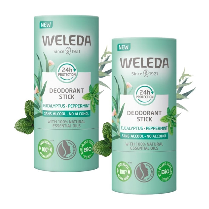 WELEDA - Duo Deodorant stick Eucalyptus Peppermint - Efficacité 24H - Vegan* - Certifié Natrue** - Stick 2x50 g