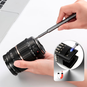 Destornillador de precisión 46 en 1 con cuerpo metálico, rosca giratoria, puntas magnéticas y carcasa de aleación de aluminio con apertura por presión.