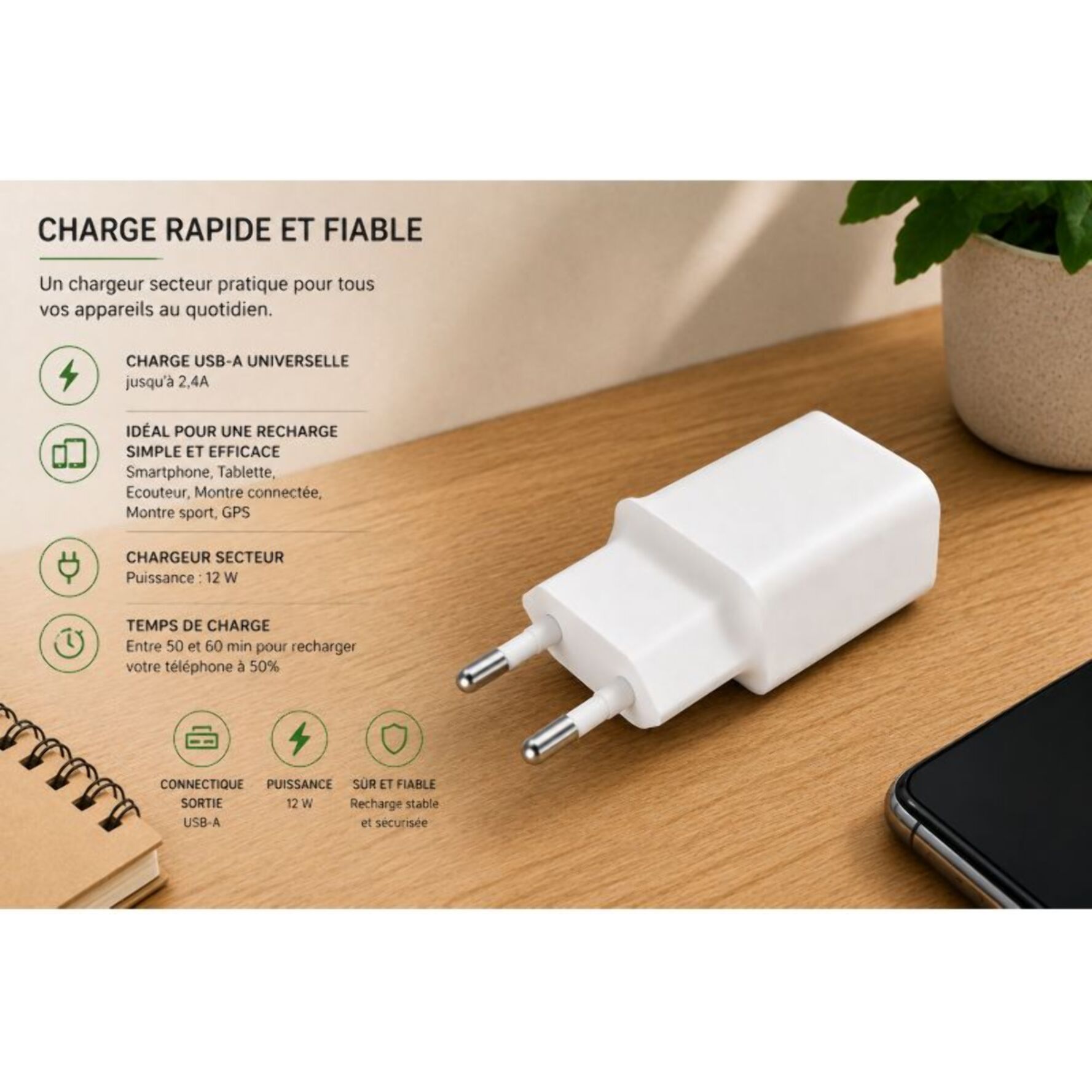 Chargeur ESSENTIELB 12W USB-A Blanc compatible iPhone 17 16 15 Pro Max et Samsung Galaxy