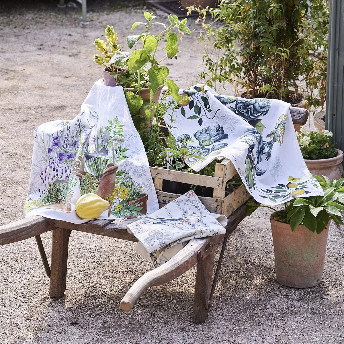 Torchon lin & coton lavé 190 g/m² imprimé bleu vert Giardino bleu