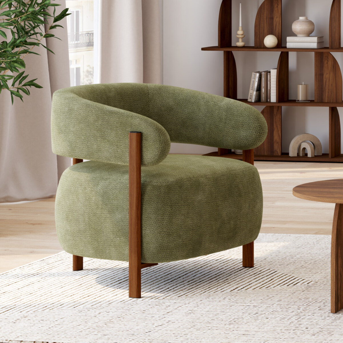 Fauteuil Albin tissu chenille vert et pieds noyer