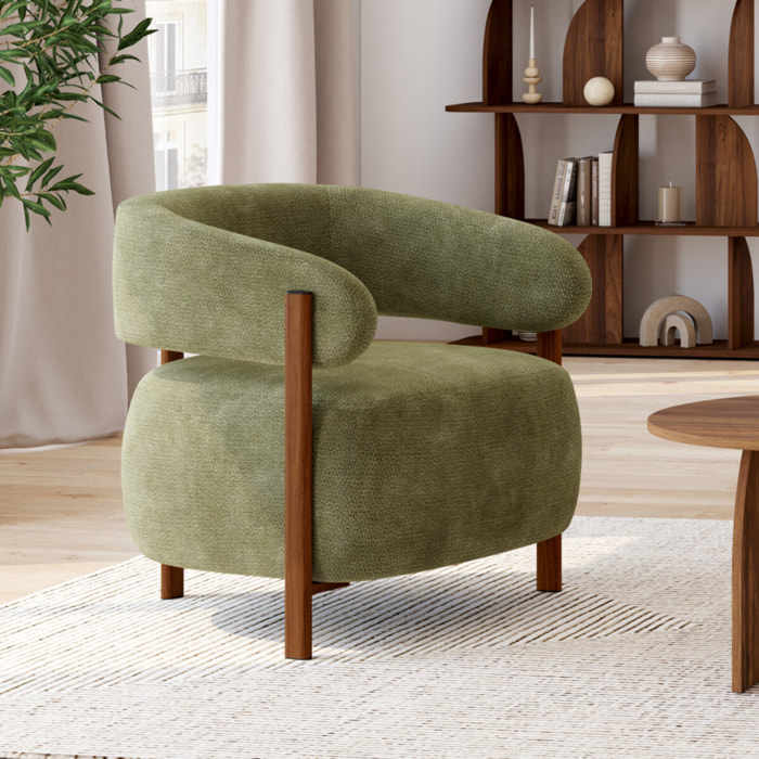 Fauteuil Albin tissu chenille vert et pieds noyer