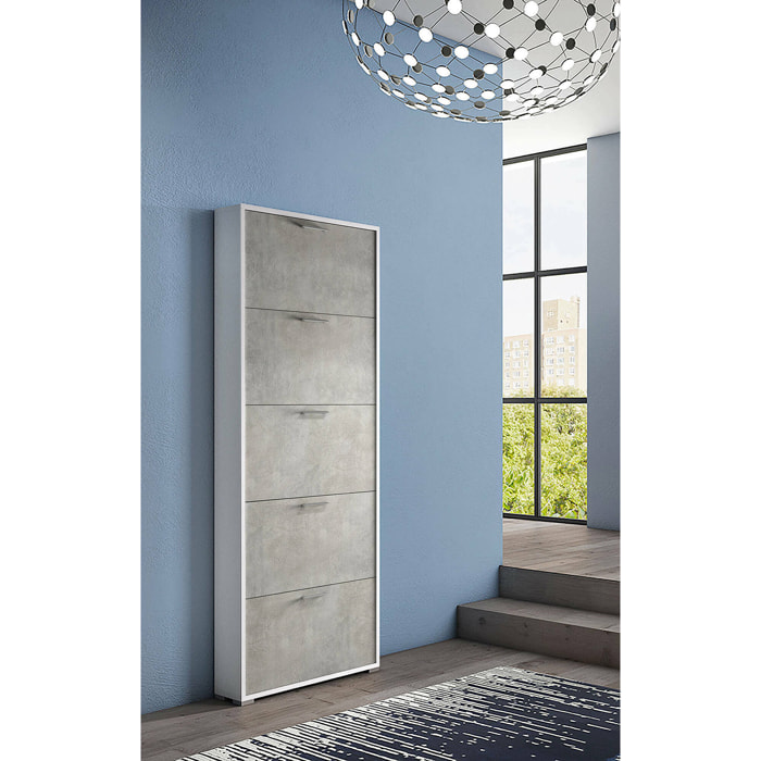 Scarpiera Amigo, Mobile multiuso da ingresso con 5 ante a ribalta, Armadietto portascarpe moderno, 100% Made in Italy, 67x18h184 cm, Cemento e Bianco