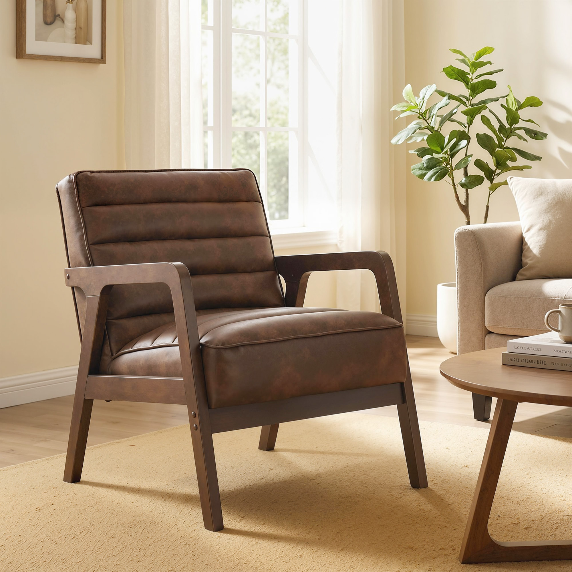 Butaca de Salón, Tapizado en PU, Sillón Lectura con Marco de Madera Maciza, Asiento Acolchado, Asiento Amplio, Butaca para Sala de Estar, Dormitorio, Marrón